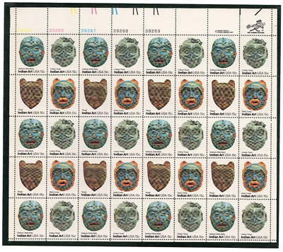 Scott #1837a Indian Masks Sheet of 40 Stamps - MNH UL in mount - Image 1 of 3