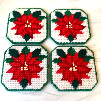 Vintage Needlepoint Christmas Poinsettia Handmade Coaster Set of 4 Plastic Yarn - Image 1 of 4
