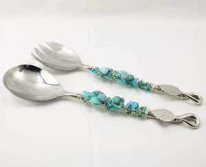 Serving Utensils Unique Turquoise Beaded with Overlaying Leaf - Picture 1 of 6
