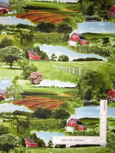  Farm Barn Green Field Crops Fence Scenic Cotton Fabric QT Homestead 1.389 Yards - Picture 1 of 2
