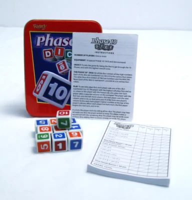 Phase 10 Dice Game Red Tin Fundex Ten Dice Score Pad Instructions COMPLETE  - Image 1 of 4