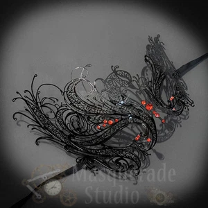 Womens Beautiful Swan Filigree Venetian Black Masquerade Mask [Red Rhinestones] - Picture 1 of 4