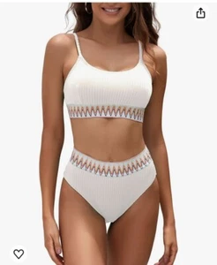 Women's 2 Piece Bikini Set Ribbed High Waisted Color Block Bathing Suit Chevron  - Picture 1 of 6