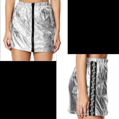 LF Shiny Metallic Silver Zip Front Logo Skirt Lined Mesh Zip Back Elastic Waist — 第 1/4 张图片