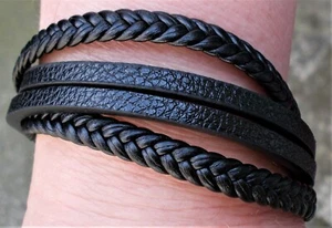 ARMBAND LEDER  UNISEX  STECKVERSCHLUß EDELSTAHL POLIERT MIT MAGNET 20,5 CM,22 CM - Picture 1 of 6