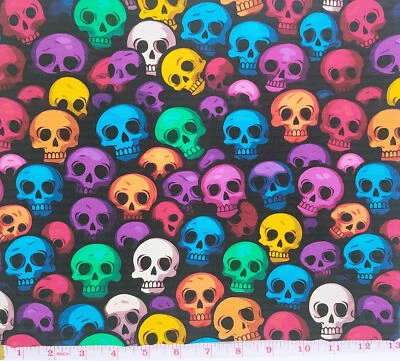 FOREVER CRAFTING UK Colourful Skulls Halloween Patchwork Fabric Metres/Fat/Long/Quarters 100% Cotton
