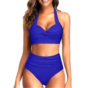 Tempt Me Women's 2 Piece Vintage Retro Halter Ruched High Waist Bikini XS Blue - Picture 1 of 7