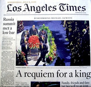 Michael Jackson Newspaper Los Angeles Times 2009 Tribute MJ Thriller King Of Pop - Picture 1 of 1