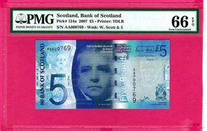 Scotland 5 Pounds 2007 P 124a Prefix AA Fancy LOW SN 000769 UNC PMG 66 EPQ - Picture 1 of 2