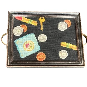 Vintage Needlepoint Tray with Handles, Handmade Black Tray Decor - Picture 1 of 4
