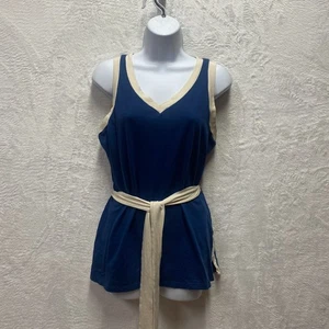 Talbots Tunic Top Womens Medium Blue Super Soft Cotton Belted Sleeveless V-Neck - Picture 1 of 11
