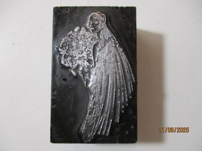 Printing Letterpress Printer Type Block Bride w Bouquet Of Flowers Print Cut - Image 1 of 4