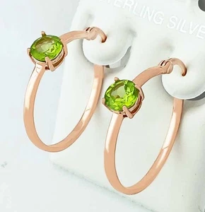GENUINE 2.10 Cts PERIDOT HOOP EARRINGS .925 STERLING SILVER (ROSE TONE) NWT - Picture 1 of 5
