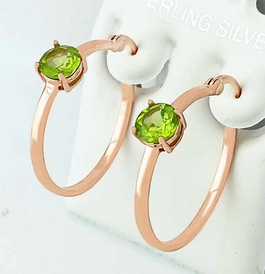 GENUINE 2.10 Cts PERIDOT HOOP EARRINGS .925 STERLING SILVER (ROSE TONE) NWT - Image 1 of 4