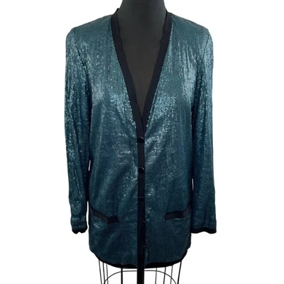 Chaqueta Blazer Robert Rodriguez Bergdorf Goodman Seda Azul Teal Lentejuelas Completas 4  Foto 1 de 4