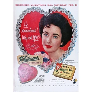 Pubblicità stampa Elizabeth Taylor Whitman's Chocolates 1953 Ricordate San Valentino 11"X14" - Foto 1 di 3