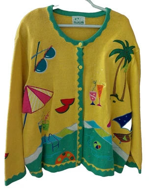 Vintage Quacker Factory Sweater Womens  Yellow Beaded Cardigan Sweater Pl Read - Image 1 of 4