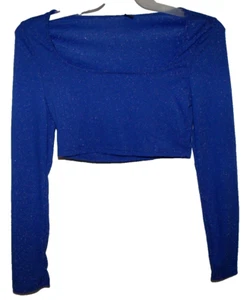 Shein einfarbig blau metallic U-Ausschnitt LS Cropped Strick Bluse Gr. L Junior (W2E) - Bild 1 von 3