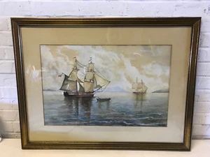 Vintage Large Watercolor Nautical Seascape Painting w/ Ships & Boats - Picture 1 of 12