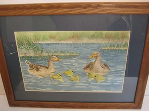 Original Watercolor Painting Ducks & Baby Ducks, Signed by Strand 1985, Framed - Picture 1 of 8