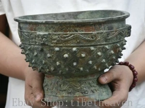 9.2" Rare Old Chinese Bronze Ware Dynasty Palace Dragon Beast Ding Vessel Bowl - Picture 1 of 17