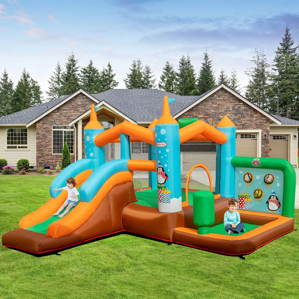 Aufblasbare Hüpfburg Kinder Springburg Spielburg mit Pinguinmotiven & Rutsche - Bild 1 von 1