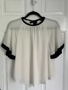 Ann Taylor Blouse White With Black Tie Back Neck Bell Short Sleeve Womens XS - Picture 1 of 11