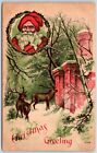 Christmas Greeting Postcard Inset Santa Claus Deer Stags Forest Snow Old 1910s