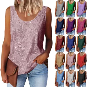 Womens Glitter Full Sequins Cami Tank Tee Tops Party Blouse Summer T-Shirts Vest - Picture 1 of 29