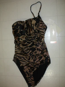 GOTTEX 2024 Brown & Black Jaguar 1 Pc One Shoulder Style Swimsuit Sz 8 NWT - Picture 1 of 2