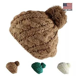 Zweifarbige gehäkelte weiche Strickbommel Bommel Beanie Barett warme Winter Skimütze Damen Herren - Bild 1 von 9