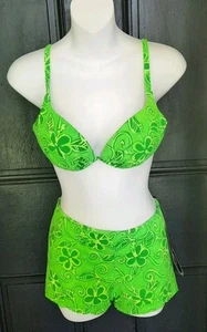 Neu mit Etikett Sunsets 1980er Deadstock S/M Bügel & Boyshort grün Blumenmuster Bikini - Bild 1 von 7
