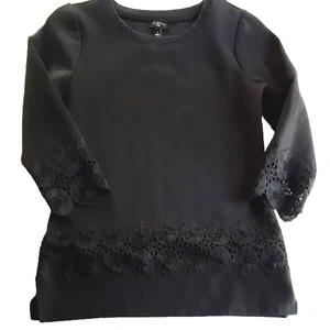 Talbots Petites Size P Black Knit 3/4 Sleeves Cotton Poly Metallic Lace Slit Top - Picture 1 of 4