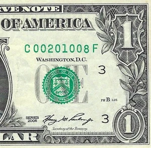 Five of a kind 0s Fancy Serial Number One Dollar C00201008F 2006 Low Sum 11 - Picture 1 of 3