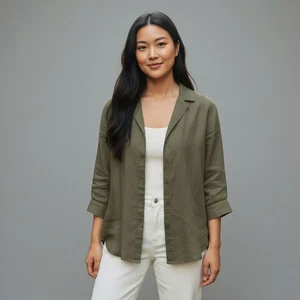 Max Studio Linen Shirt Jacket Size M Olive Green 3/4 Sleeve Button Front EUC - Picture 1 of 12