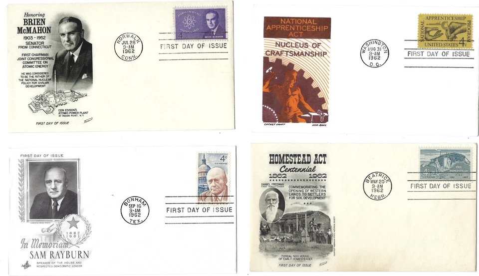 4 '62 FDCs  Homestead Act, Sam Rayburn, National Apprenticeship, Brien McMahon - Image 1 of 1