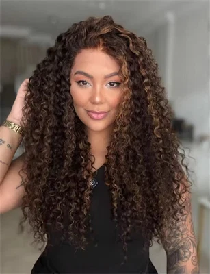 Peruca Balayage marrom com loiro ruivo encaracolado profundo 100% cabelo humano renda frente perucas - Imagem 1 de 3