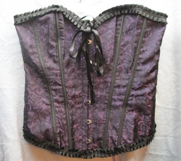 Purple & Black Lace Corset Top XL Ruffles Clasp Front LaceUp Back Cosplay LARP - Image 1 of 4