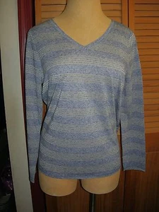 Lane Bryant Blue Metallic Striped LS V Neck Tee 14/16 Fits 14W 16W 0X 1X - Picture 1 of 2