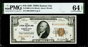 $10 1929 Federal Reserve Bank Note Kansas City Fr#1860-J PMG 64 EPQ Choice UNC - Picture 1 of 3