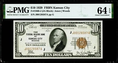 $10 1929 Federal Reserve Bank Note Kansas City  Fr#1860-J PMG 64 EPQ Choice UNC - Image 1 of 3