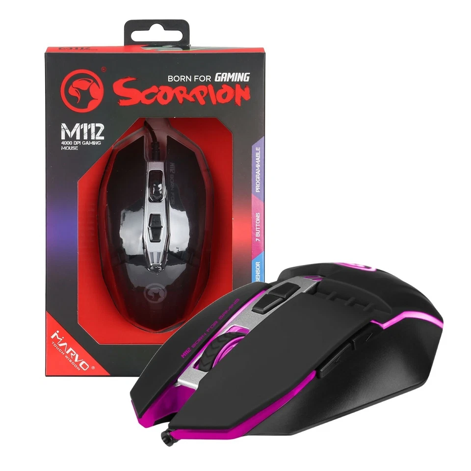 MARVO SCORPION USB 7 COLOUR LED BLACK PROGRAMMEABLE GAMING MOUSE - M112 - Image 1 of 1