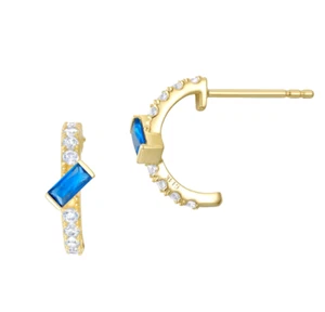 Solid 14K Yellow Gold Stud Earrings Blue Spinel White CZ Handmade Certified - Picture 1 of 4