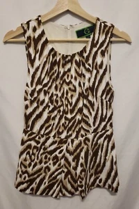 C Wonder Tank XXS Brown White Zebra Print Pleated Sleeveless Scoop Neck Zip Up - Picture 1 of 10