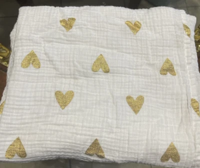 Cloud Island Muslin Swaddle Blanket Gold Hearts Receiving 39x45 Shiny Hearts - Image 1 of 4