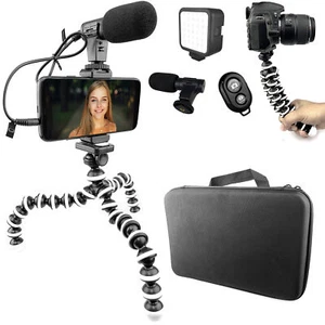 Octopus Adjustable Tripod Stand Flexible Vlogging Kit w LED Light + Carry Case - Picture 1 of 8