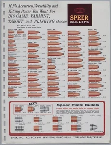 1968 Speer Bullets Flyer Brochure Size Chart Lewiston, Idaho - Picture 1 of 2