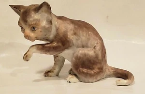 Dresden Porcelain Cat Figurine Gray Brown - Picture 1 of 10