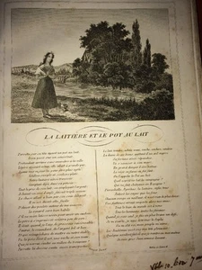 LA FONTAINE. DIE MILCHKANNE UND DER MILCHKRUG. FABEL UND GRAVUR, 1834. - Bild 1 von 3