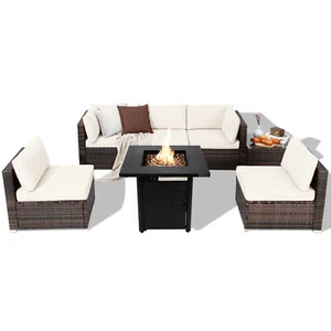 7 PCS Patio Furniture Set with 28" 50000 BTU Propane Gas Fire Pit Table Cushions - Picture 1 of 11